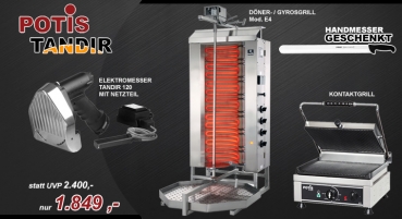 Paket Gyrosgrill E4, Elektromesser Tandir 120 mit Netzteil, Kontaktgrill PK2600 + GRATIS GESCHENK